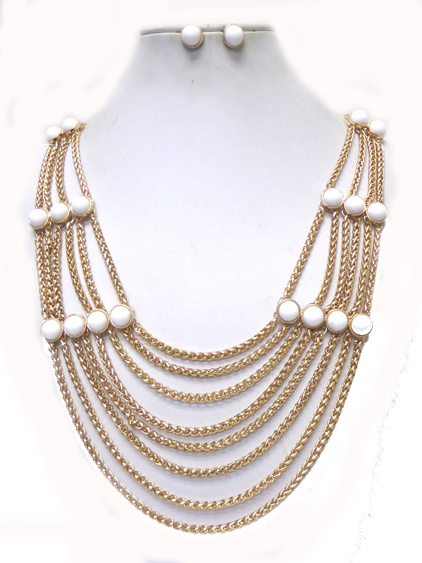 Multi layer round stone accent hanging chain necklace set