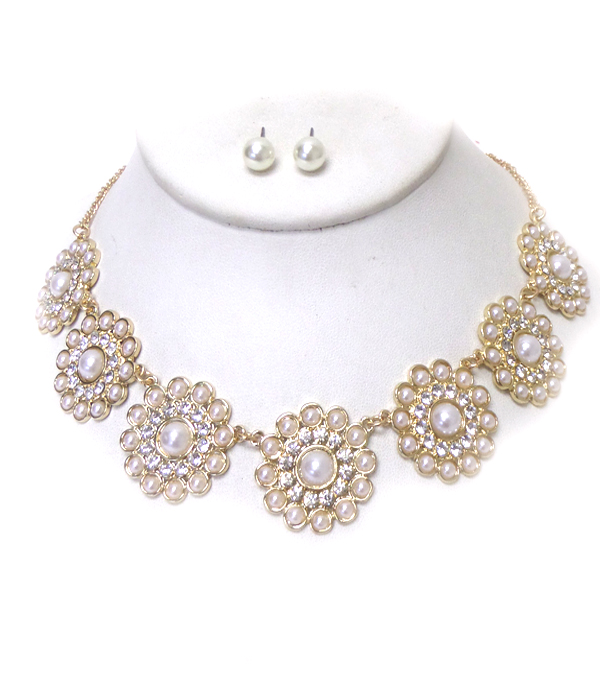 Crystal and pearl stud metal flowers link necklace set 