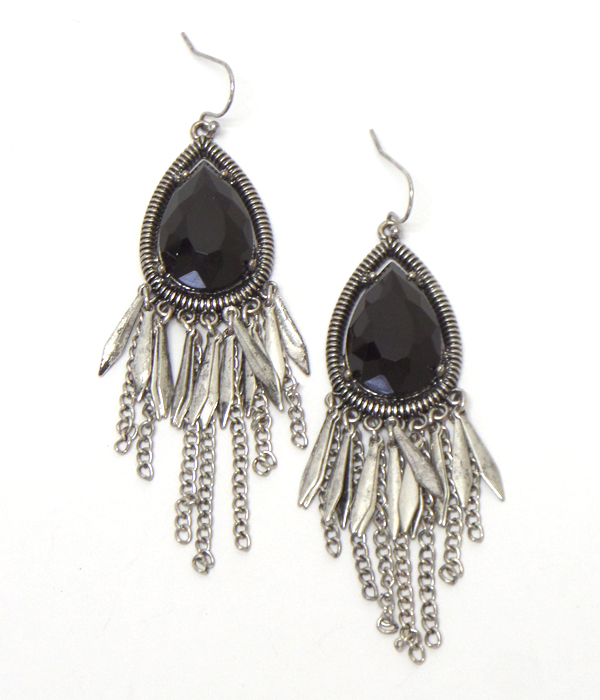 Facet teardrop stone and multi chain tassel earring