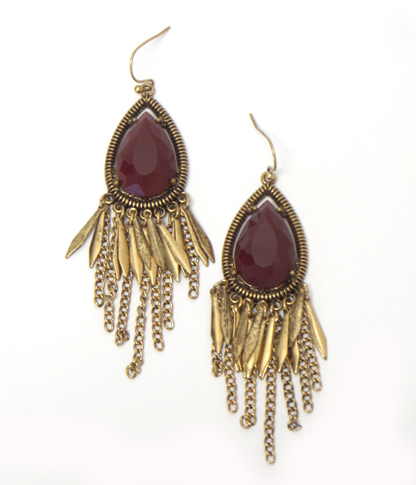 Facet teardrop stone and multi chain tassel earring