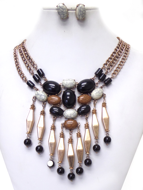 Tribal look natural stone and tail drop necklace set