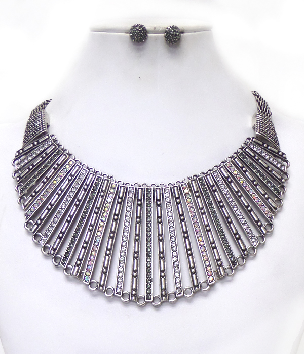 Crystal stud bar link flat mesh chain back bib necklace set