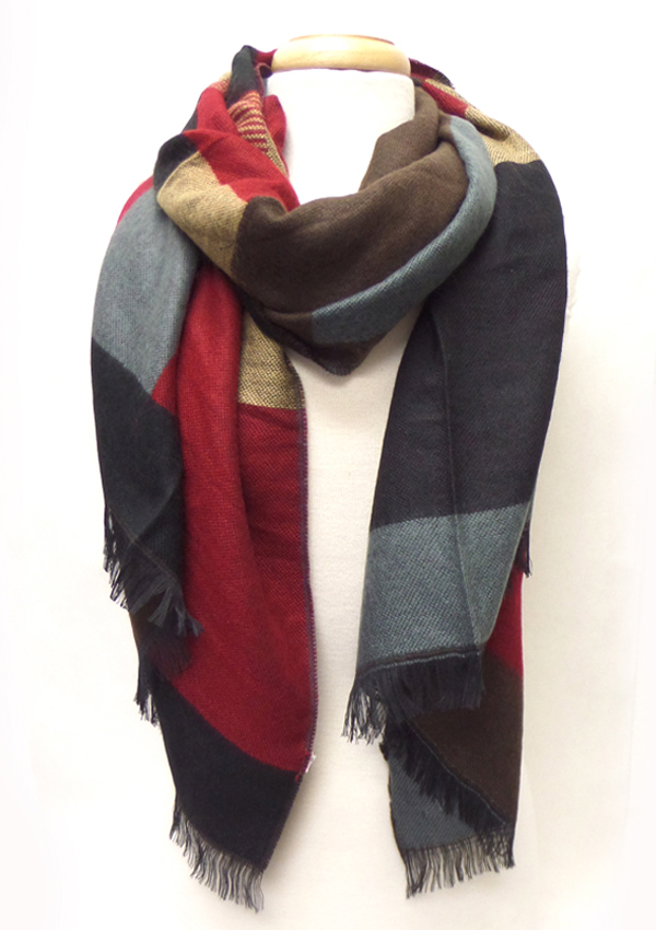 Mixed color plaid fringe winter scarf