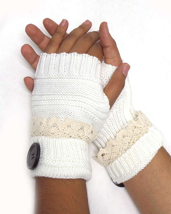 Two button and lace open finger crochet gloves