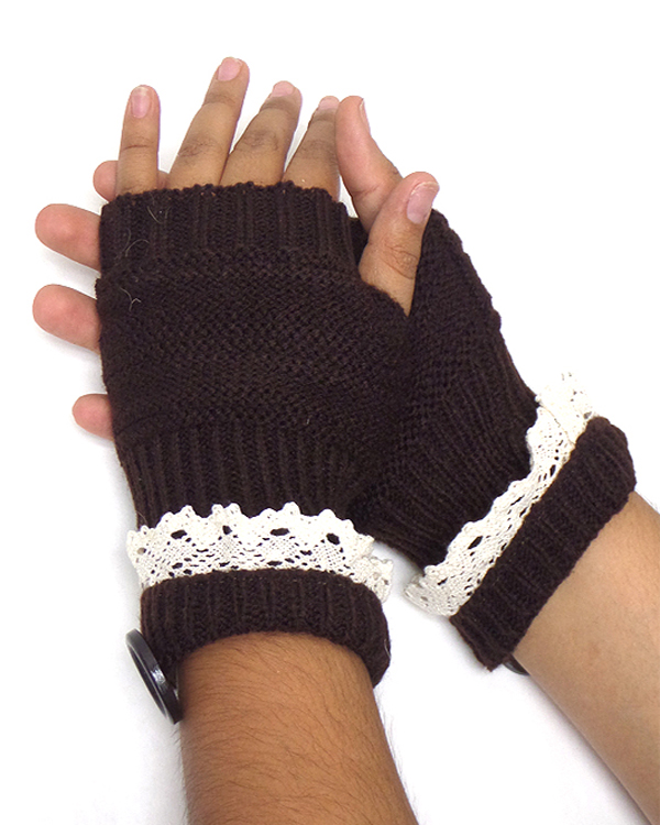 Two button and lace open finger crochet gloves