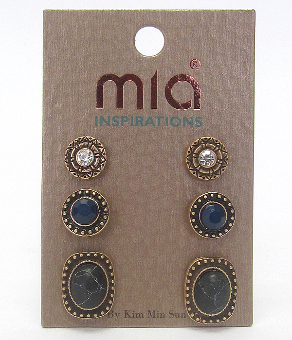 Mixed stone 3 pair earring set