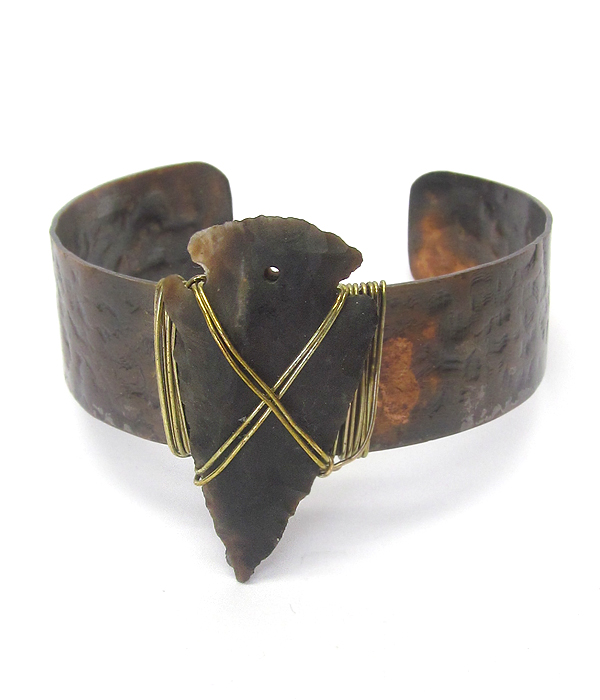 Genuine stone arrowhead wire wrap patina cuff bangle bracelet