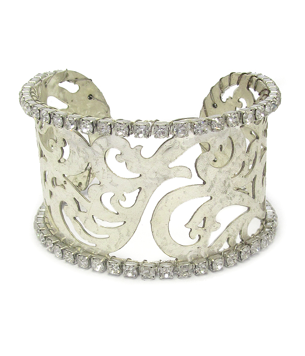 Metal filigree and rhinestone edge cuff bangle bracelet
