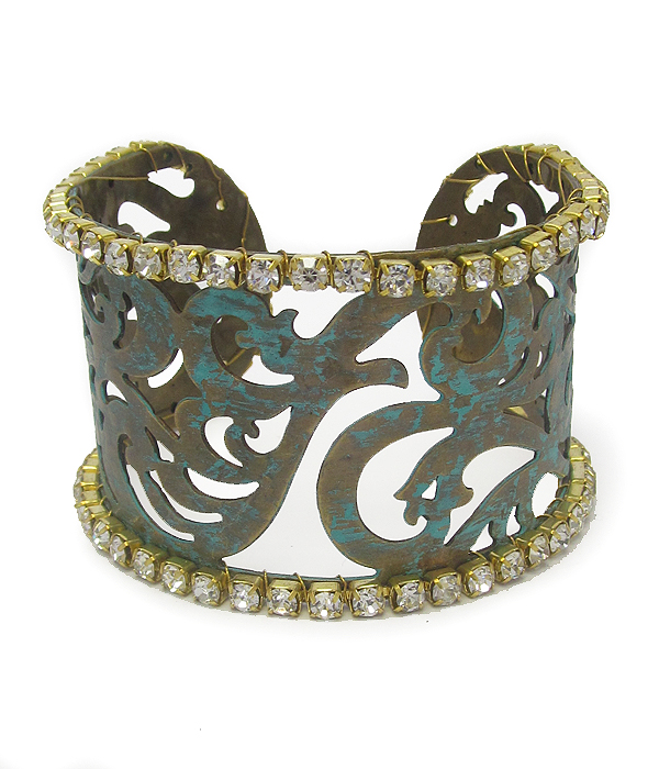 Metal filigree and rhinestone edge patina cuff bangle bracelet