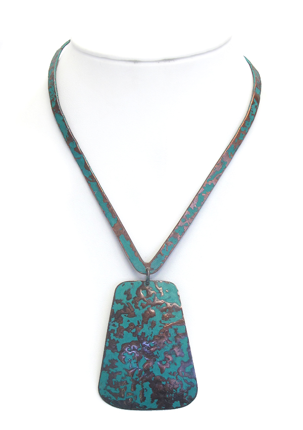 Patina metal plate pendant necklace