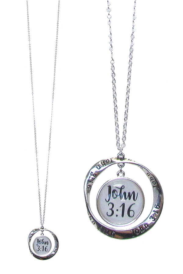 RELIGIOUS INSPIRATION CABOCHON AND TWIST RING PENDANT LONG NECKLACE - JOHN 3:16