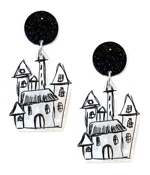 HALLOWEEN THEME 3D PRINTING POLYMER CLAY EARRING - HAUNTED HOUSE