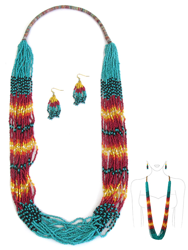 MULTI SEEDBEAD AND LAYER LONG NECKLACE SET - WESTERN