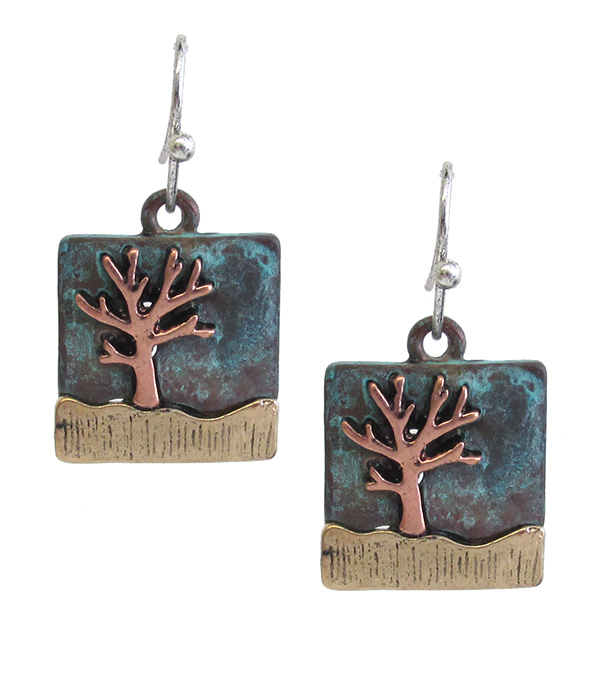 Metal square tree of life earring