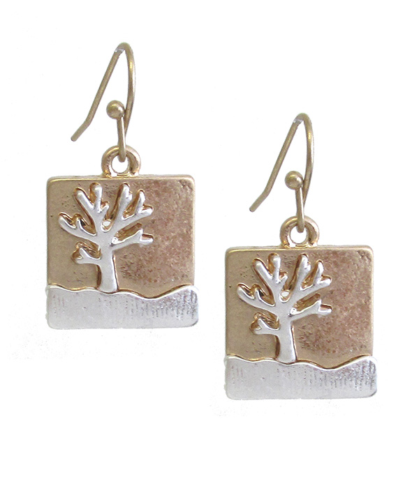 Metal square tree of life earring