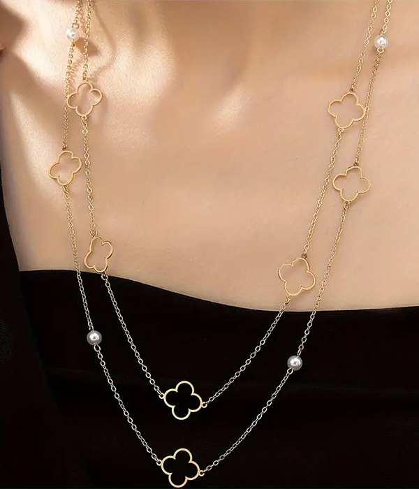Quatrefoil double layer long necklace