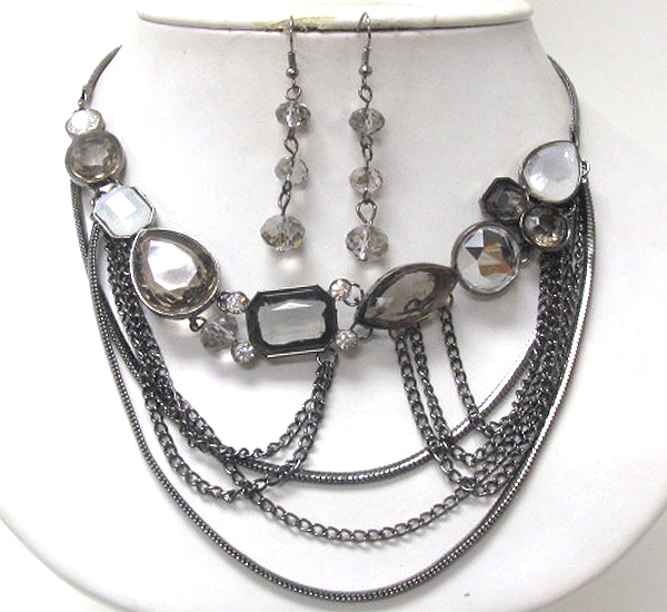 Crystal and geometric acrylic stone and chain drop necklace earring set