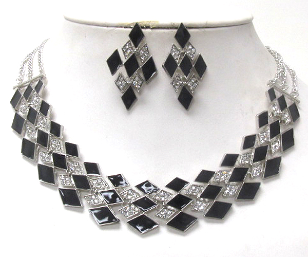 Crystal and epoxy deco multi diamond link necklace earring set
