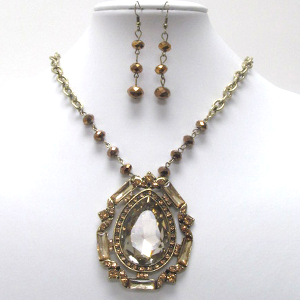 Tear drop large facet glass and crystal deco necklace earring set