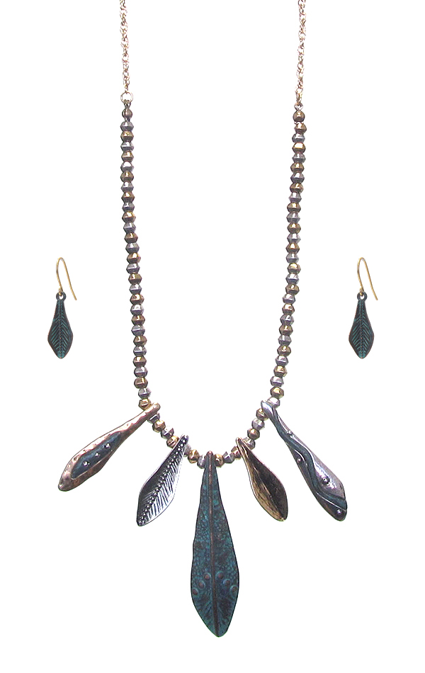 Leaf pendant long necklace set
