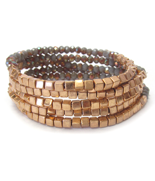 Metal cube and facet bead 5 stretch bracelet set