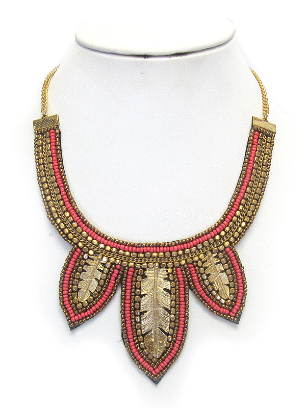 Multi seed bead and metal feather bib necklace