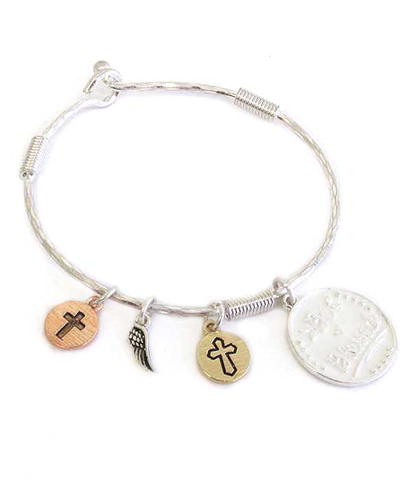 RELIGIOUS INSPIRATION MULTI CHARM WIRE BANGLE BRACELET - BE BLESSED