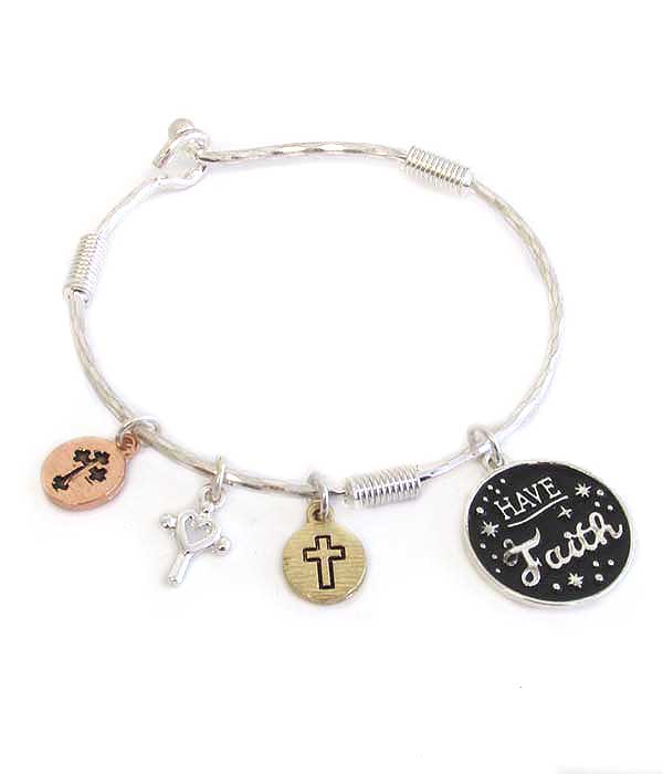 RELIGIOUS INSPIRATION MULTI CHARM WIRE BANGLE BRACELET - HAVE FAITH