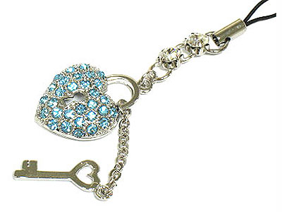 Crystal heart lock and key cell phone charm