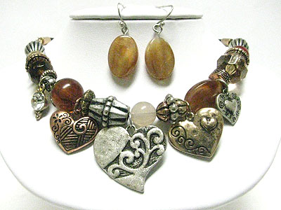 Glass ball and tri tone metal heart charm dangle necklace earring set