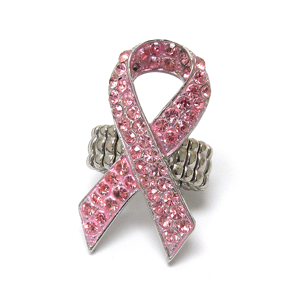 Breast cancer awareness crystal pink ribbon stretch ring