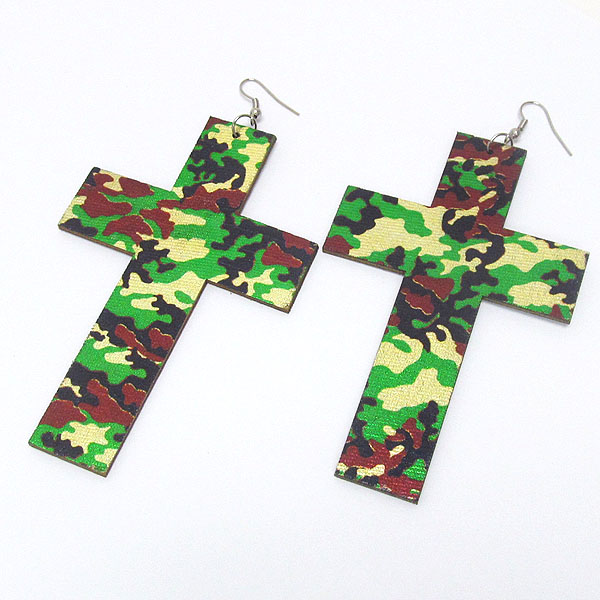 Military army pattern wooden cross earring