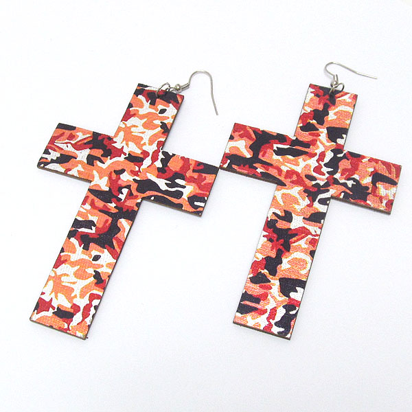 Military army pattern wooden cross earring