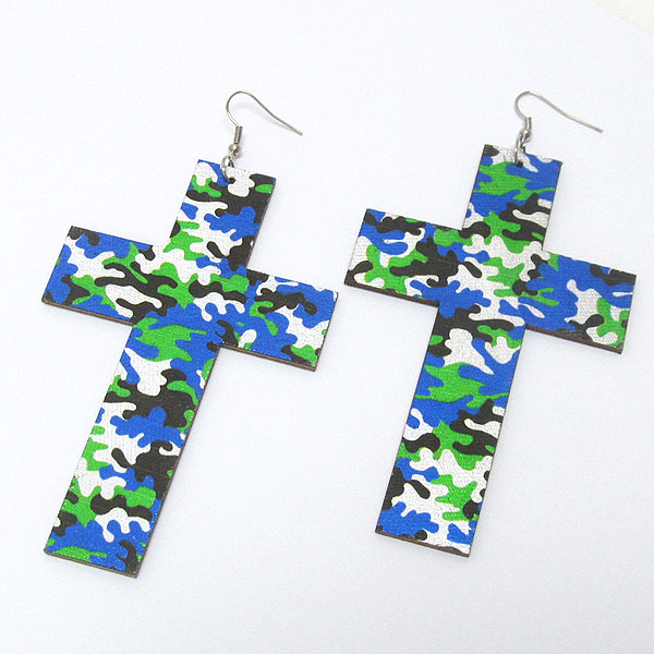 Military army pattern wooden cross earring