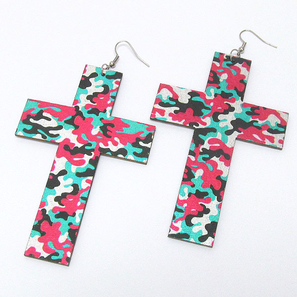 Military army pattern wooden cross earring