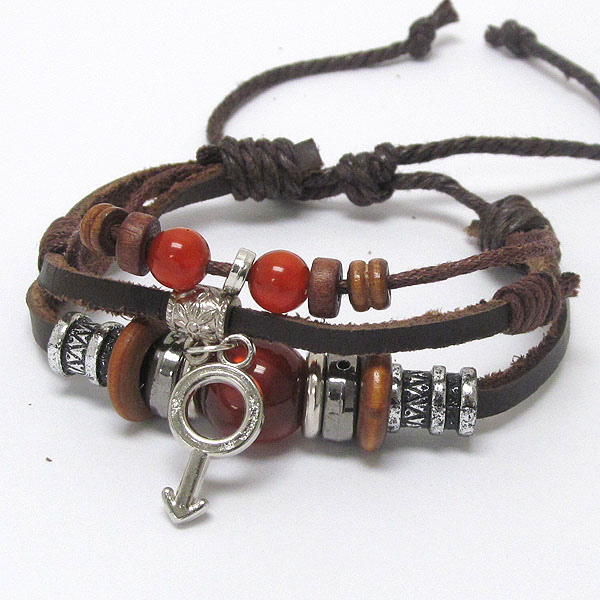 3 layered leatherette and multi bead deco friendship bracelet
