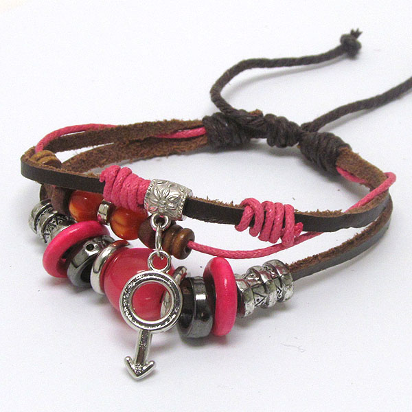 3 layered leatherette and multi bead deco friendship bracelet