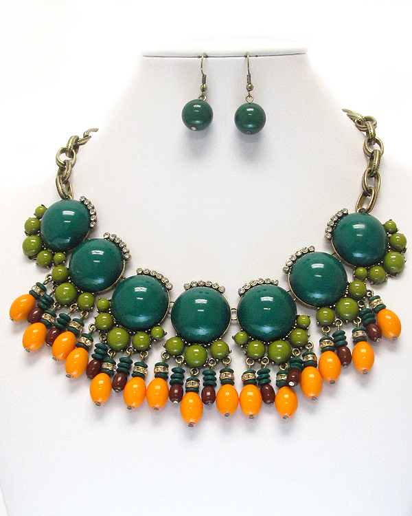 Multi puffy acrylic stone and crystal deco and bead drop necklace earring set