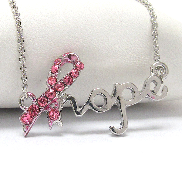 Crystal pinkribbon bow hope pendant necklace
