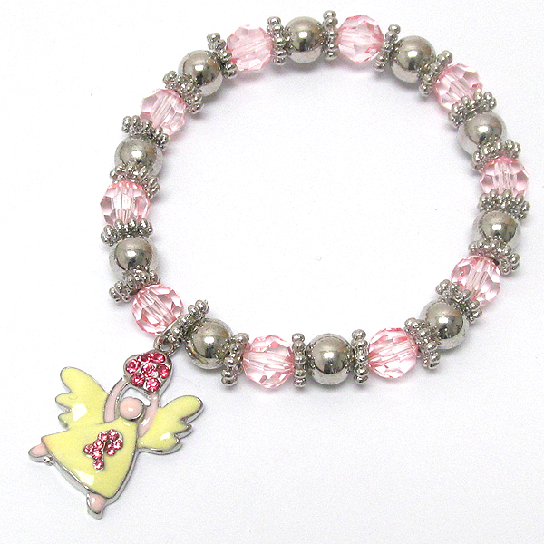 Breast cancer awareness crystal pink ribbon and angel stretch bracelet