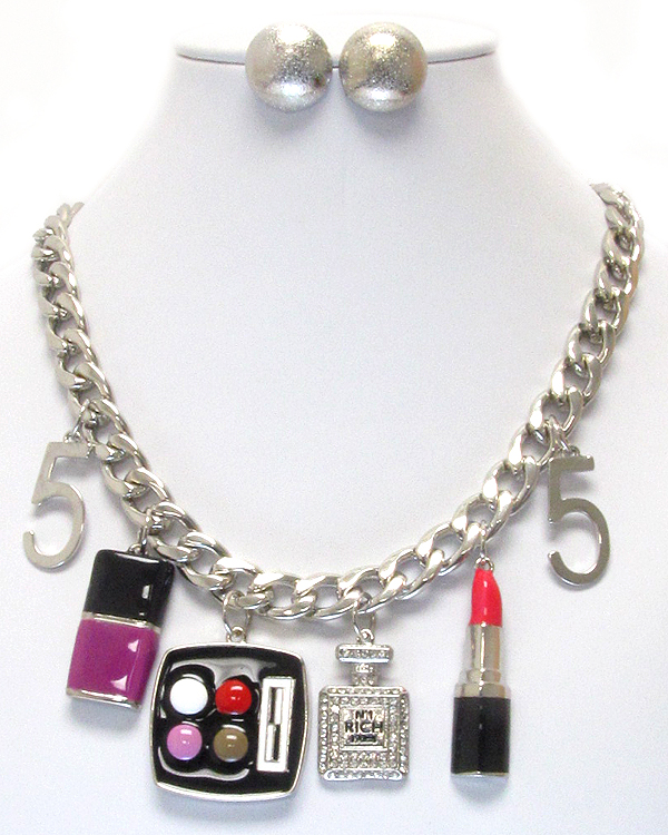 Crystal and epoxy deco cosmetic theme charm and thick chain necklace earring set - lipstick purfume