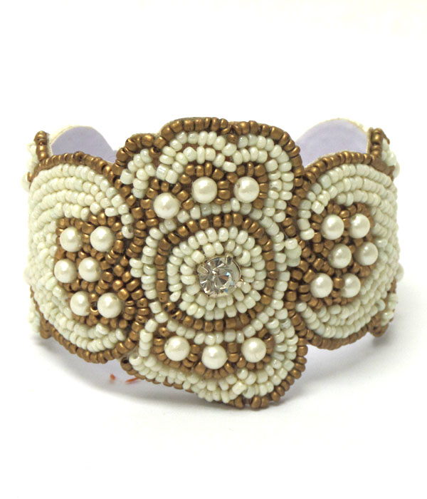 Handmade multi seed beads and pearls flower bangle bracelet