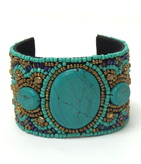 Turquoise stone seed beads bangle bracelet