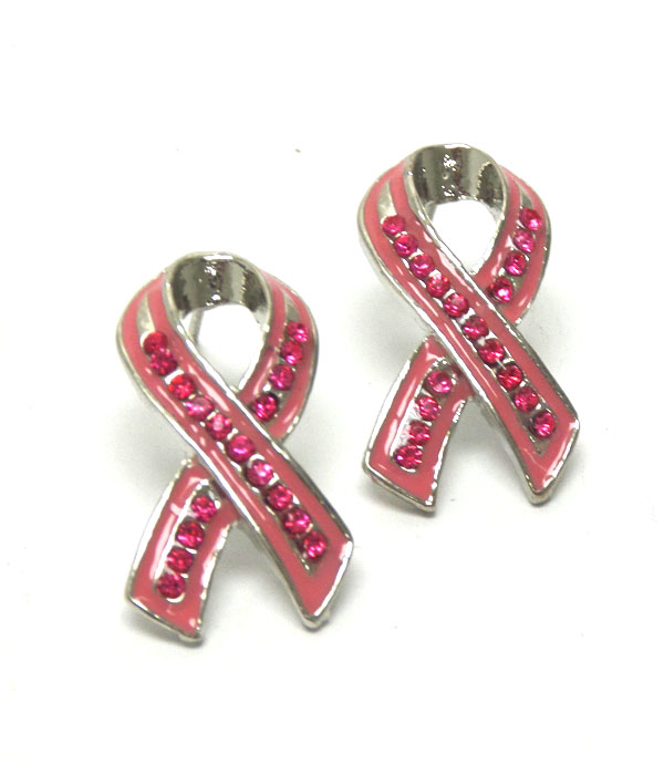 Pink ribbon with stones earrings -breast cancer awareness
