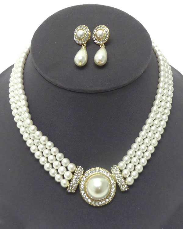 Three layer pearl with crystals necklace set