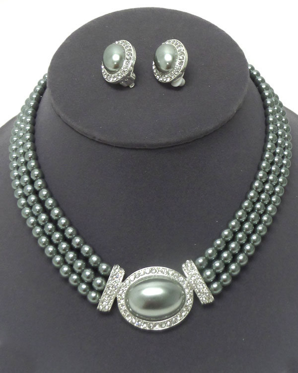 Three layer pearl with crystals necklace set 