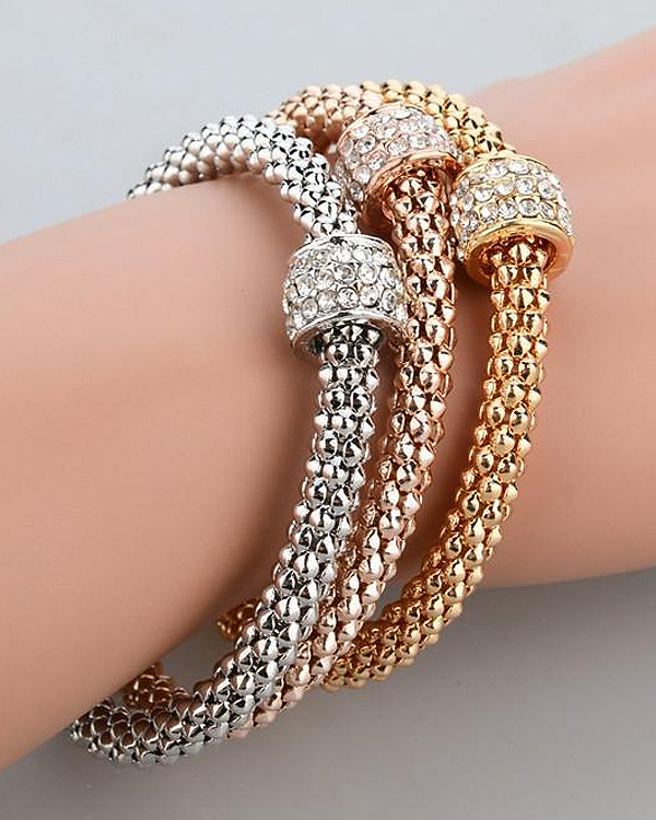 Crystal stud triple row metal tube bracelet set