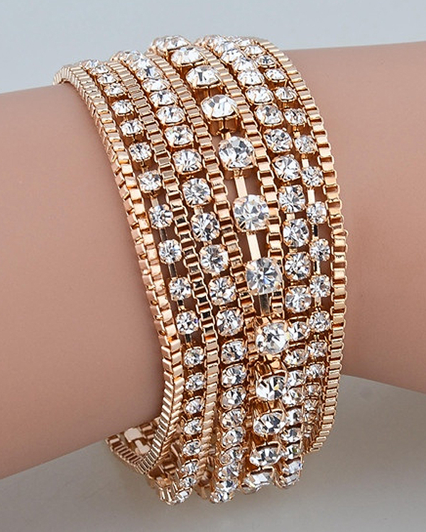 Multi row mixed metal chain and rhinestone bracelet