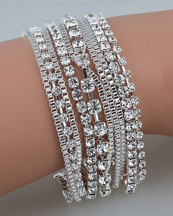 Multi row mixed metal chain and rhinestone bracelet