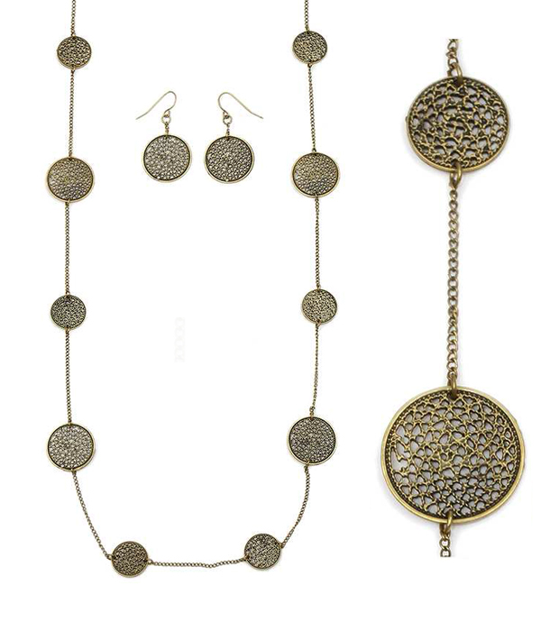 Metal filigree disk link long station necklace set